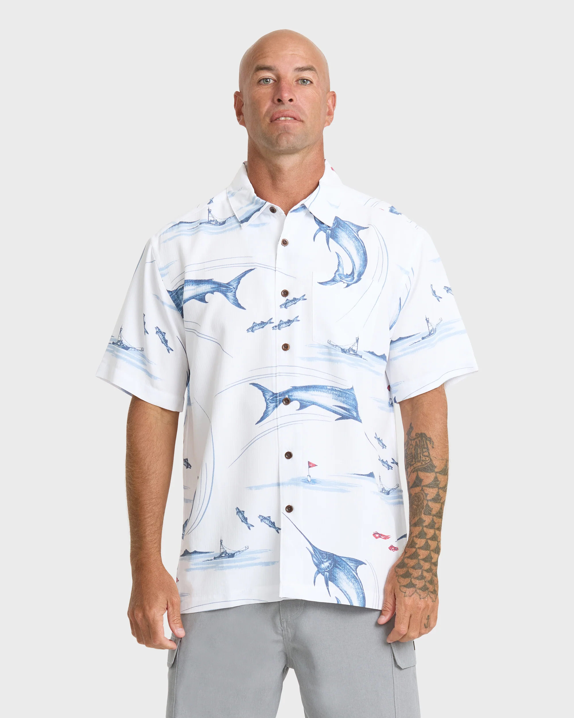 Waterman Fish On Short Sleeve Woven Shirt - White 1 Waterman Fish On Short Sleeve Woven Shirt - White